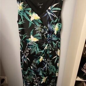Connected Apparel Tropical Floral Midi Black Sleeveless Dress Sz 10